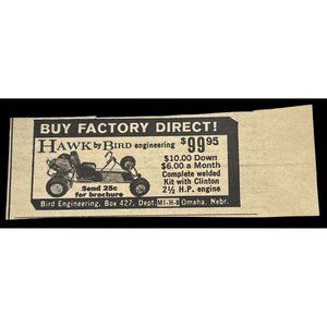 Hawk Go Cart Mini Print Ad Vintage 1963 Bird Engineering Omaha NE Racing
